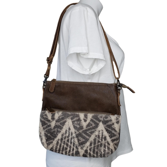 Myra Bag100% Cotton Leather Brown Geometric Adjustable Shoulder Bag Purse